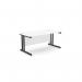 The photograph features a sleek and modern office space, with two rectangular desks made of ashford wood and supported by twin bar metal legs. The desks are 1600mm x 800mm in size and have a straight design. The color scheme is white and black, giving the space a clean and professional look.