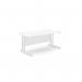 The office features sleek, modern twin bar metal leg desks in a crisp white finish, measuring 1600mm x 800mm. The desks are arranged in a rectangle shape, providing ample workspace for any task. Perfect for any professional setting.
