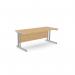 The photo shows a spacious and modern office with sleek rectangular desks made of ashford wood and supported by twin bar metal legs. The 1800mm x 800mm desks have a straight design and are topped with a light beech finish. The clean lines and simple color palette create a professional and functional workspace.