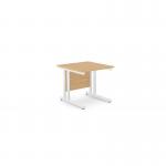 The picture shows a modern office setting with rectangular desks made of ash wood and white metal legs. The desks are 800mm x 800mm and have a sleek and professional appearance. The beech and white color combination adds a touch of elegance to the workspace.