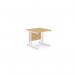 The picture shows a modern office setting with rectangular desks made of ash wood and white metal legs. The desks are 800mm x 800mm and have a sleek and professional appearance. The beech and white color combination adds a touch of elegance to the workspace.