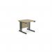 The photo shows a spacious, modern office with rectangular desks made of ashford wood and supported by sleek twin bar metal legs. The desk measures 800mm by 800mm and features an elegant urban oakBLK finish.