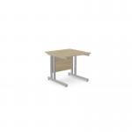 The photograph shows a sleek, modern workplace with rectangular desks in an office. The desks are made of urban oak and feature twin bar metal legs. One desk measures 800mm x 800mm and has a straight design. The overall look is stylish and professional.