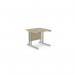 The photograph shows a sleek, modern workplace with rectangular desks in an office. The desks are made of urban oak and feature twin bar metal legs. One desk measures 800mm x 800mm and has a straight design. The overall look is stylish and professional.