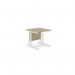 This picture displays a sleek and modern office setting featuring rectangle desks with Ashford Twin Bar Metal legs. The desk measures 800mm x 800mm and has a straight design. The desk is finished in Urban Oak and white, creating an elegant and professional look.