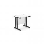 The picture shows a modern edit office with rectangular desks in Ashford Twin Bar Metal Leg design, measuring 800mm x 600mm. The desks are straight, with a clean white surface and sleek black accents. Perfect for a professional work environment.