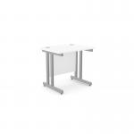 This image features a modern office setup with sleek white rectangular desks and silver metal legs. The desks are placed side by side, highlighting the spacious work area. The overall look is clean and contemporary, perfect for a busy office space.
