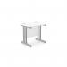 This image features a modern office setup with sleek white rectangular desks and silver metal legs. The desks are placed side by side, highlighting the spacious work area. The overall look is clean and contemporary, perfect for a busy office space.