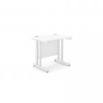 In the photo, two sleek white rectangle desks sit next to each other, supported by sturdy metal legs with a twin bar design. The desks, each measuring 800mm x 600mm, are perfect for any modern office setup.
