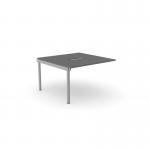 This sleek and modern office desk features add-on units that seamlessly attach to the main desk, providing extra work space for one person. The top is made of graphite material with a silver finish, giving a sleek and professional feel.
