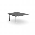 The photo shows a sleek and modern office bench desk, with add-on units and a portal top. The color scheme is graphite and black, giving it a professional look. It is designed for one person and measures 1000 x 800.