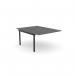 The photo shows a sleek and modern office bench desk, with add-on units and a portal top. The color scheme is graphite and black, giving it a professional look. It is designed for one person and measures 1000 x 800.