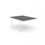 The picture is of a modern and sleek office bench desk with add-on units, featuring a graphite top and white accents. It comfortably fits one person and measures 1000 x 800. It has a C-sense design and a portal for easy access. Ideal for any professional workspace.