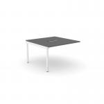 This image features a sleek and modern office bench desk with add-on units. The desk has a portal top measuring 1200 x 600, perfect for 1 person. The color is graphite with white accents.