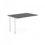 The image shows a sleek graphite and white office bench desk with add-on units, specifically designed for one person. The top measures 1200 x 800 and features a convenient portal for wires and cables.