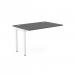 The image shows a sleek graphite and white office bench desk with add-on units, specifically designed for one person. The top measures 1200 x 800 and features a convenient portal for wires and cables.