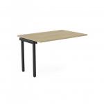 The photo shows a c-sense 1 person bench add-on unit with a portal top measuring 1200 x 800, in urban oak with a black finish. It is designed as an add-on for an office bench desk.