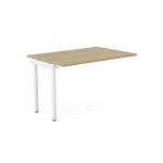 This picture shows a modern and sleek office bench desk with add-on units, designed for one person. The portal top is 1200 x 800 and features an urban oak finish with white accents. Perfect for a clean and functional workspace.
