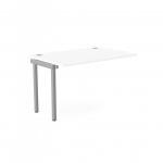 The photo depicts a sleek white desk with silver accents, with a portal top and add-on units for additional workspace. It is part of the C-sense line and can accommodate one person.
