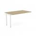 This picture showcases an office bench desk with add-on units from C-sense. The desk has a 1 person bench design and features a portal top in an urban oak finish. The dimensions are 1400 x 800 and the color scheme is a combination of white and wood tones.