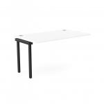 The image shows a modern white desk with a black top, measuring 1400 x 800 and designed for one person. Add-on units are available for extra storage and keeping the workspace organized. The sleek design adds a professional touch to any office environment.