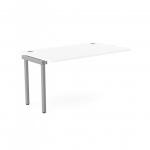 This photo shows a sleek, modern office bench desk with add-on units. The white portal top measures 1400 x 800 and is complemented by a stylish silver frame. This C-sense bench desk can comfortably seat one person.