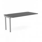 The picture shows a modern office scene with a sleek, graphite-colored bench desk. On top of the desk are add-on units for organization. The clean lines and minimalist design of the C-sense 1 person bench add-on create a stylish and functional workspace.