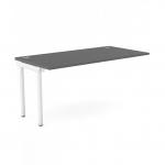 The image shows a sleek and modern office bench desk with add on units for extra workspace. The top is 1600 x 800 and comes in a sophisticated graphite and white color. This C-sense desk is perfect for one person, with built-in portals for easy organization.