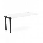 The image shows a modern, white office bench desk with add-on units and a portal top. The sleek design and spacious 1600 x 800 size make it perfect for one person. With a striking white and black color scheme, it will add a touch of style to any office space.