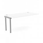 In the photo, there is a sleek white bench desk with add-on units. The office space is organized and modern, with a spacious 1600 x 800 top and silver accents. Perfect for a 1 person workspace.