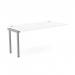 In the photo, there is a sleek white bench desk with add-on units. The office space is organized and modern, with a spacious 1600 x 800 top and silver accents. Perfect for a 1 person workspace.