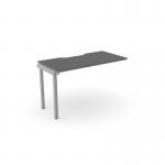 The photograph shows a sleek office bench desk with add-on units, featuring a scalloped top in graphite silver. The compact design comfortably fits one person and provides ample desk space at 1000 x 600. A modern addition to any workspace.