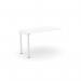 The desk add-on units are white with scallop tops, perfect for creating an efficient and organized office space for one person. The clean and modern design adds a professional touch to any workspace.