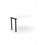 The picture shows a sleek and modern office desk with add-on units, designed for one person. The top is scalloped and the color is a clean white with black accents. Perfect for creating a clean and organized workspace.