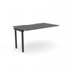 The photo shows a modern and sleek office desk with an add-on unit, designed for one person. The desk has a scallop-shaped top and is 1400 x 800 in size, with a graphite and black color scheme. It showcases the C-sense 1 Person Bench Add-On from the CSE series.