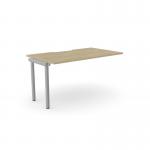This picture features an Edit Office bench desk with add-on units and a scallop top. The desk is designed for one person and measures 1400 x 800. It has an urban oak finish with a silver SLV accent.