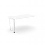 The photo features an office bench desk with add-on units, designed for one person. The scallop top adds a modern touch to the white desk, with measurements of 1400 x 800. Perfect for a clean and organized workspace.