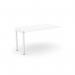 The photo features an office bench desk with add-on units, designed for one person. The scallop top adds a modern touch to the white desk, with measurements of 1400 x 800. Perfect for a clean and organized workspace.