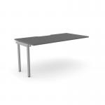 The photo shows a spacious graphite-colored bench desk with scallop top add-on units, designed for one person. The modern design and silver accents give off a sleek and professional vibe. Perfect for any office setting.