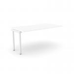 The picture shows a white office bench desk with add-on units, designed for one person. The top has a scalloped edge and measures 1600 x 800. It has a sleek and modern design, perfect for a professional workspace.
