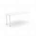 The picture shows a white office bench desk with add-on units, designed for one person. The top has a scalloped edge and measures 1600 x 800. It has a sleek and modern design, perfect for a professional workspace.