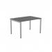A sleek and modern office bench desking with open legs and a graphite and silver finish. The C-sense design features a spacious 1200 x 800 portal top, suitable for one person to work comfortably.