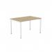In the photo, a modern office desk is on display. The sleek design features an open leg portal and a spacious top in urban oak and white color. Perfect for one person, this C-sense bench desking adds a contemporary touch to any workspace.