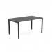 The photograph shows a sleek graphite office bench with open legs and a portal top. It comfortably accommodates one person and measures 1600x800. The modern design is enhanced by the elegant black finish.