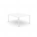 This picture features a modern office desk, with a sleek white surface and open leg design. The scalloped edges add a unique touch to the 1 person bench, measuring 1000 x 800. It is perfect for a clean and functional workspace.