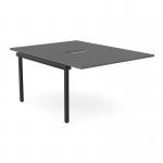 This photograph showcases an office bench desk with additional add-on units from C-sense. The modern design features a scallop top and is finished in graphite black. It comfortably seats two people and measures 1200 x 800.