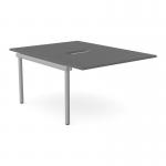 The picture shows a modern and sleek office bench desk with add-on units, designed for two people. The scallop top and graphite finish add a touch of style, while the silver SLV accents provide a polished look. It measures 1200 x 800 and is perfect for maximizing space in a shared office.