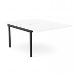 This image features a sleek, modern office bench desk with add-on units from the C-sense collection. The desk has a scallop top and can accommodate two people. It measures 1200 x 800 and is finished in white and black.