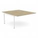 This picture shows a modern and sleek C-sense 2 person bench with add-on units, featuring a scallop top in urban oak and white. The desk has a size of 1400 x 800 and provides a functional workspace for two people.