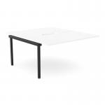 The image shows a sleek, modern-style office bench desk with add-on units for 2 people. The scallop top of the desk has a white and black color scheme.